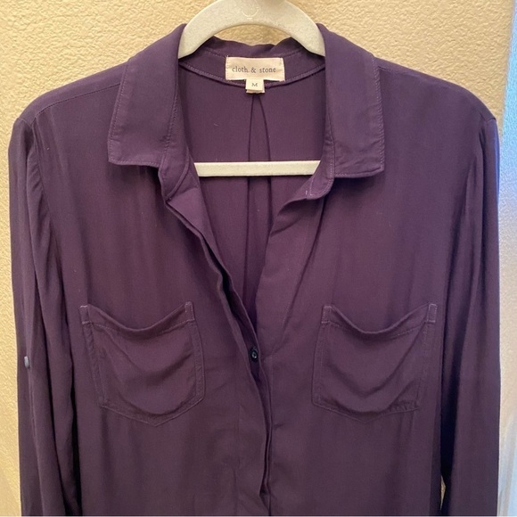 CLOTH & STONE Dark Navy Button Fringe Hem Long Sleeve Top Size Medium - Picture 2 of 8